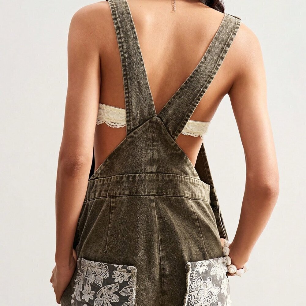 Army Green Casual Womens Boho Woven Loose Washed Patchwork & Lace overalls pants - Picture 6 of 8